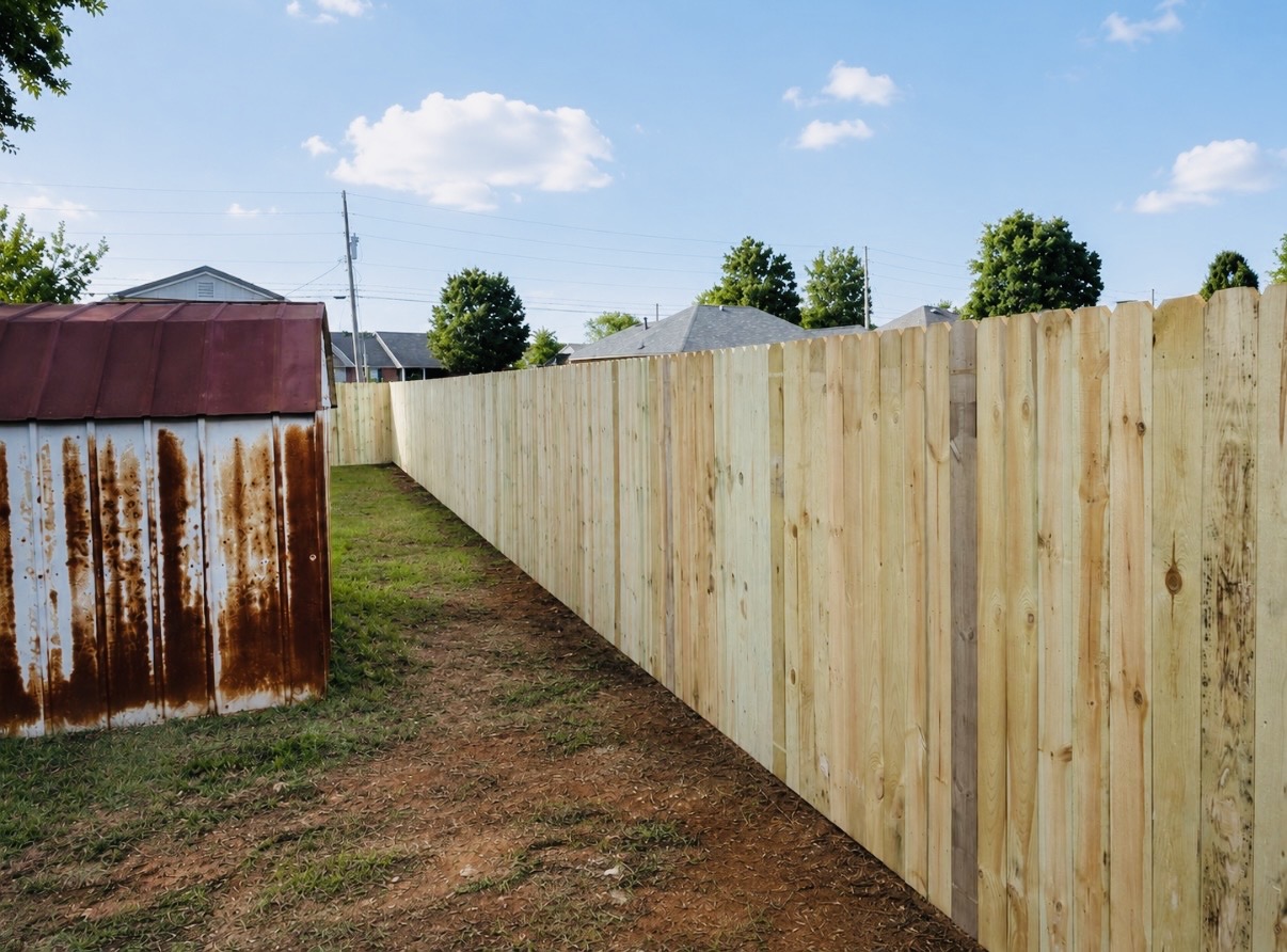 Natural wood privacy fence installation